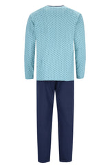 Blau-weiß gepunktetes Pyjama-Set mit marineblauer Hose.