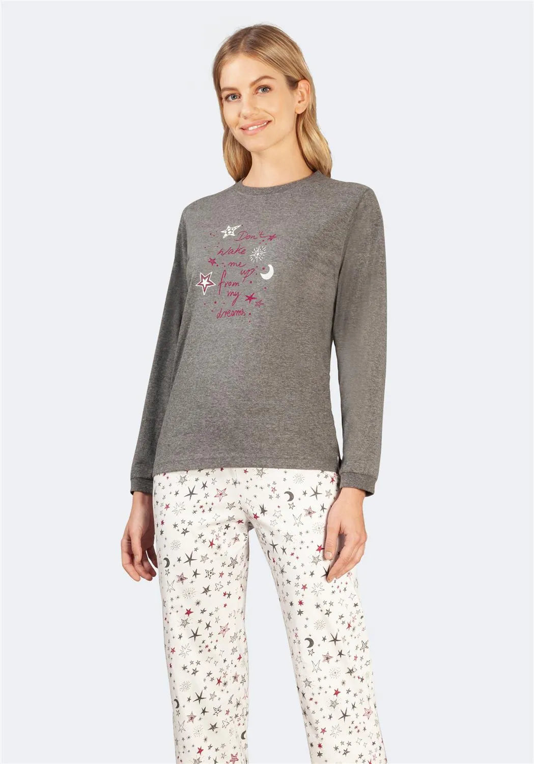Anthrazitfarbenes, langärmeliges Pyjama-Top mit Mond- und Sternmotiv, weiches Baumwollmaterial.