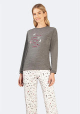 Anthrazitfarbenes, langärmeliges Pyjama-Top mit Mond- und Sternmotiv, weiches Baumwollmaterial.
