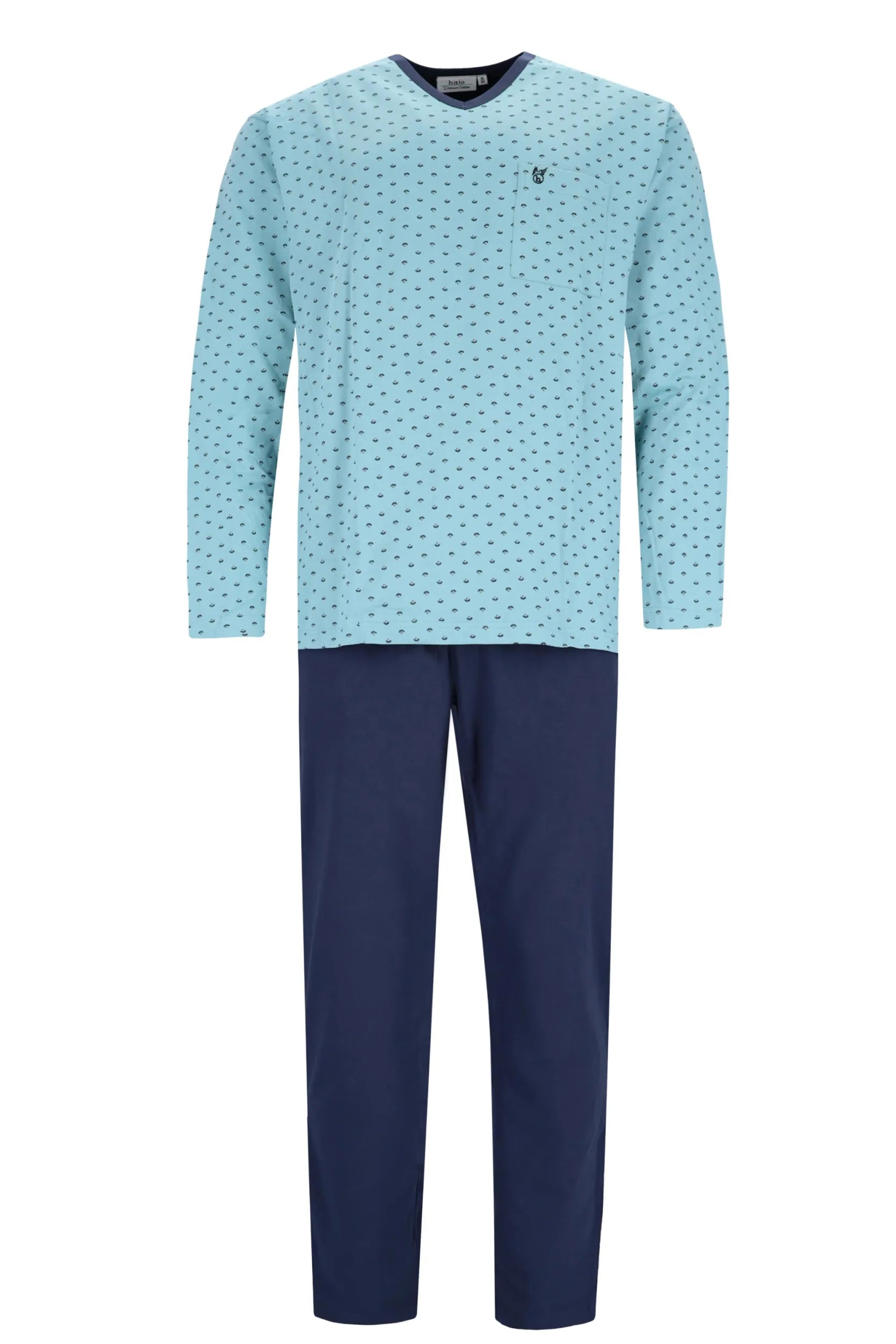 Blau-weiß gepunktetes Pyjama-Set für Männer mit marineblauer Hose.