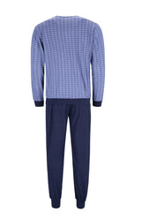 Blau-weiß kariertes Herren-Pyjama-Set mit marineblauer Hose, Material: Baumwolle.