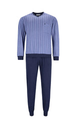 Blau-weiß gestreiftes Herren-Pyjama-Set mit marineblauer Hose, mit kleinem Logo auf der Brust.