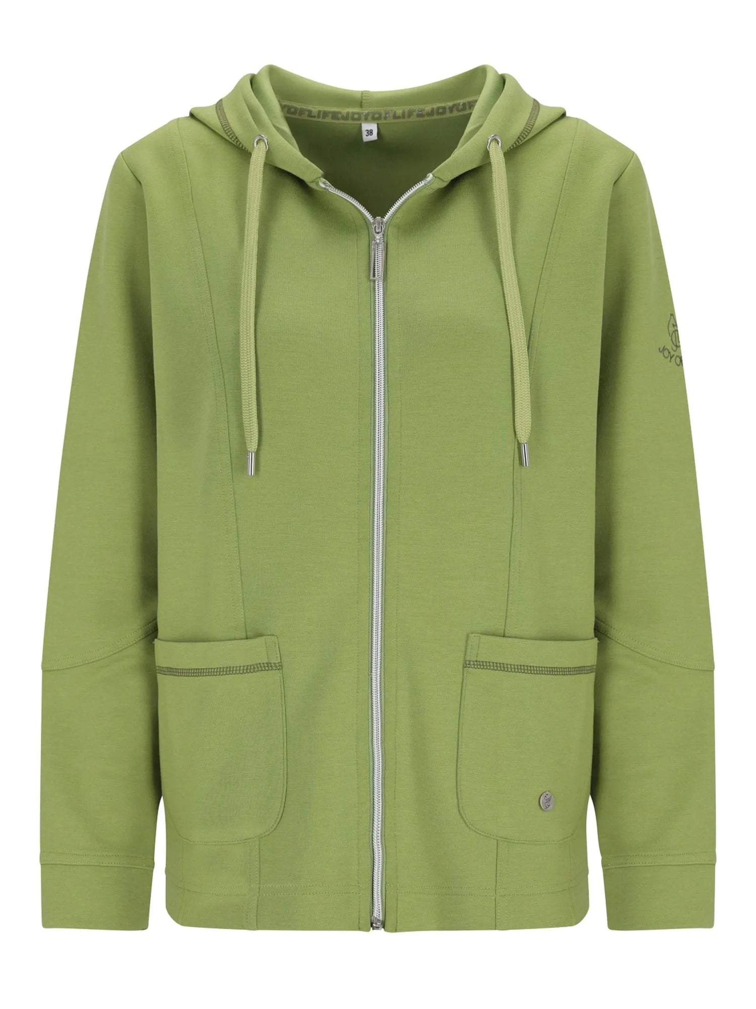 Olivgrüner Reißverschluss-Hoodie mit Kordelzugkapuze und Vordertaschen.
