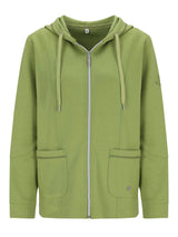 Olivgrüner Reißverschluss-Hoodie mit Kordelzugkapuze und Vordertaschen.