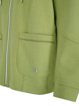 Olivgrüner Utility-Jacke mit Reißverschluss- und Knopfakzenten.
