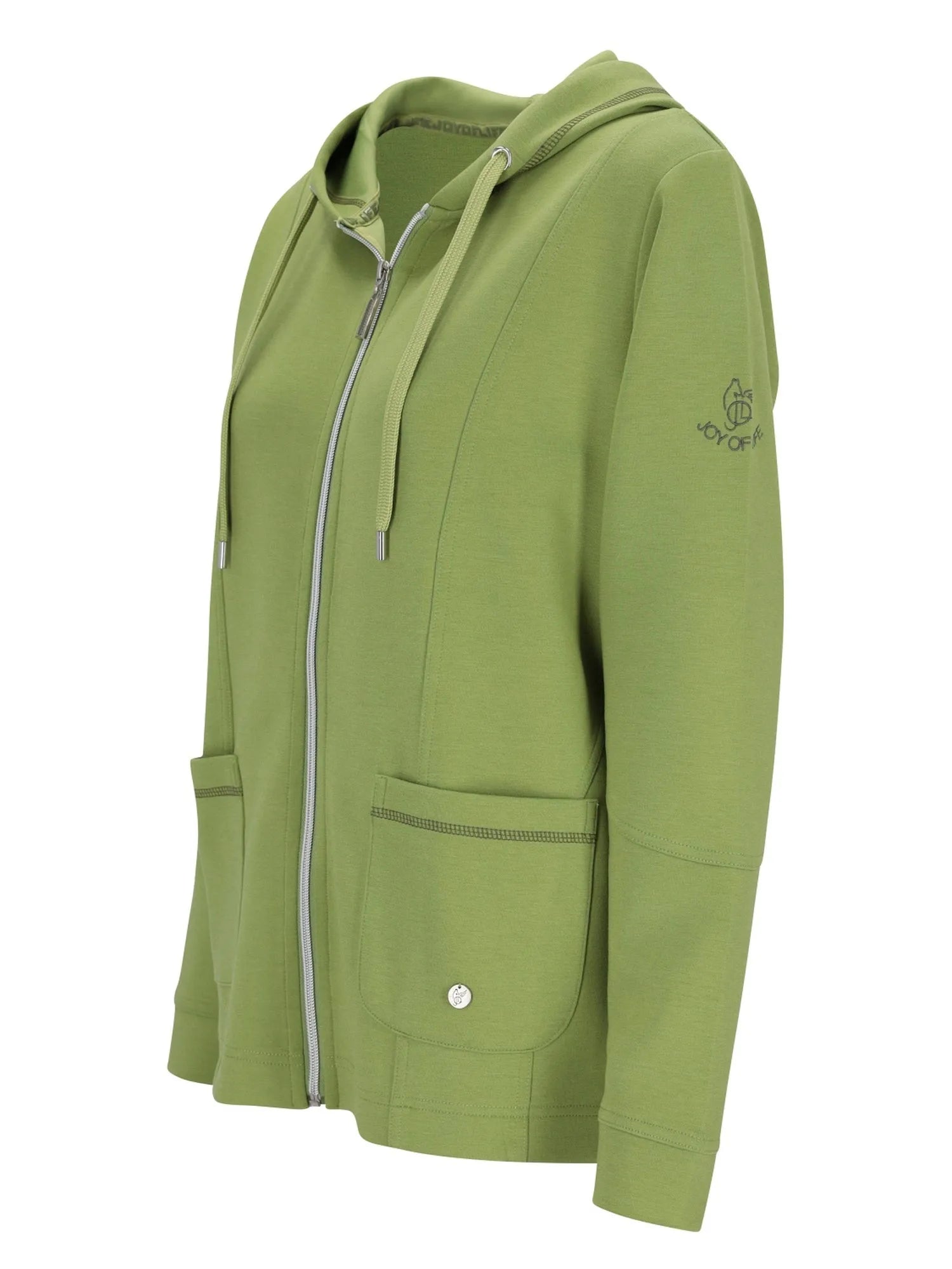 Olivgrüner Reißverschluss-Hoodie mit Tasche und Logo am Ärmel.