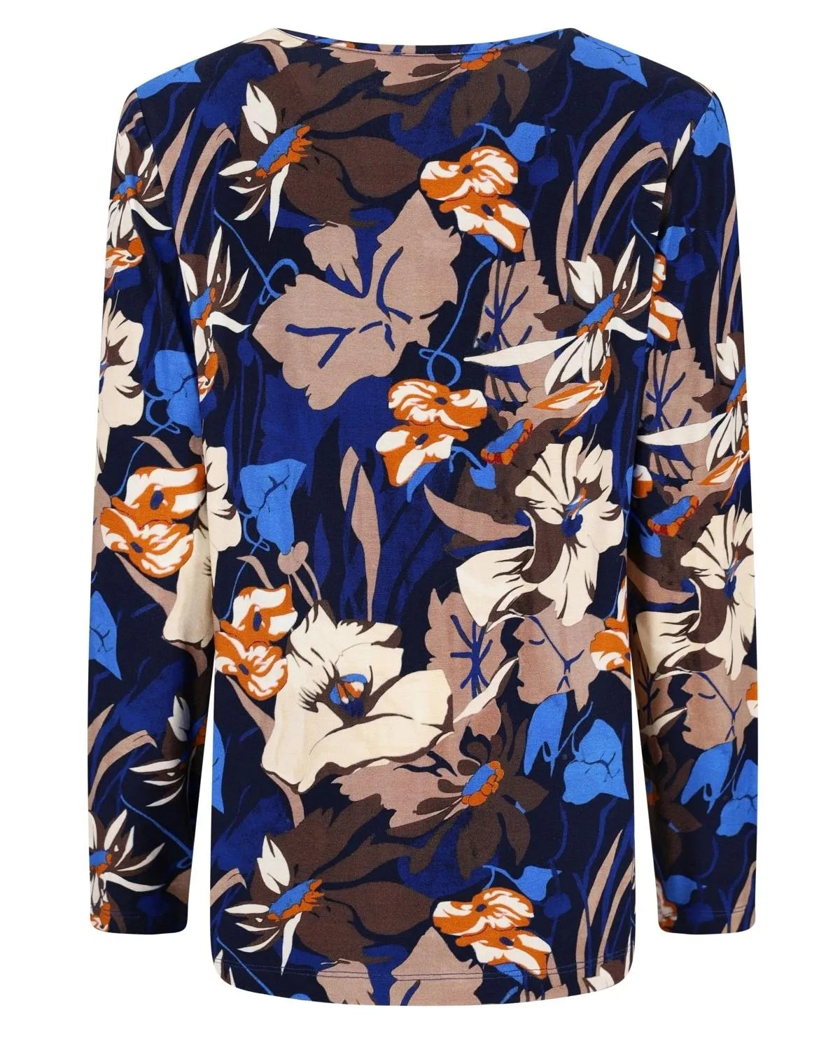Blaue geblümte Bluse mit langen Ärmeln und Rundhalsausschnitt.