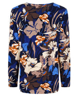 Blaue geblümte Bluse mit langen Ärmeln und Rundhalsausschnitt.