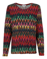Mehrfarbiger, zickzack-gemusterter Pullover mit Metallic-Glanz, wahrscheinlich Marke missoni.