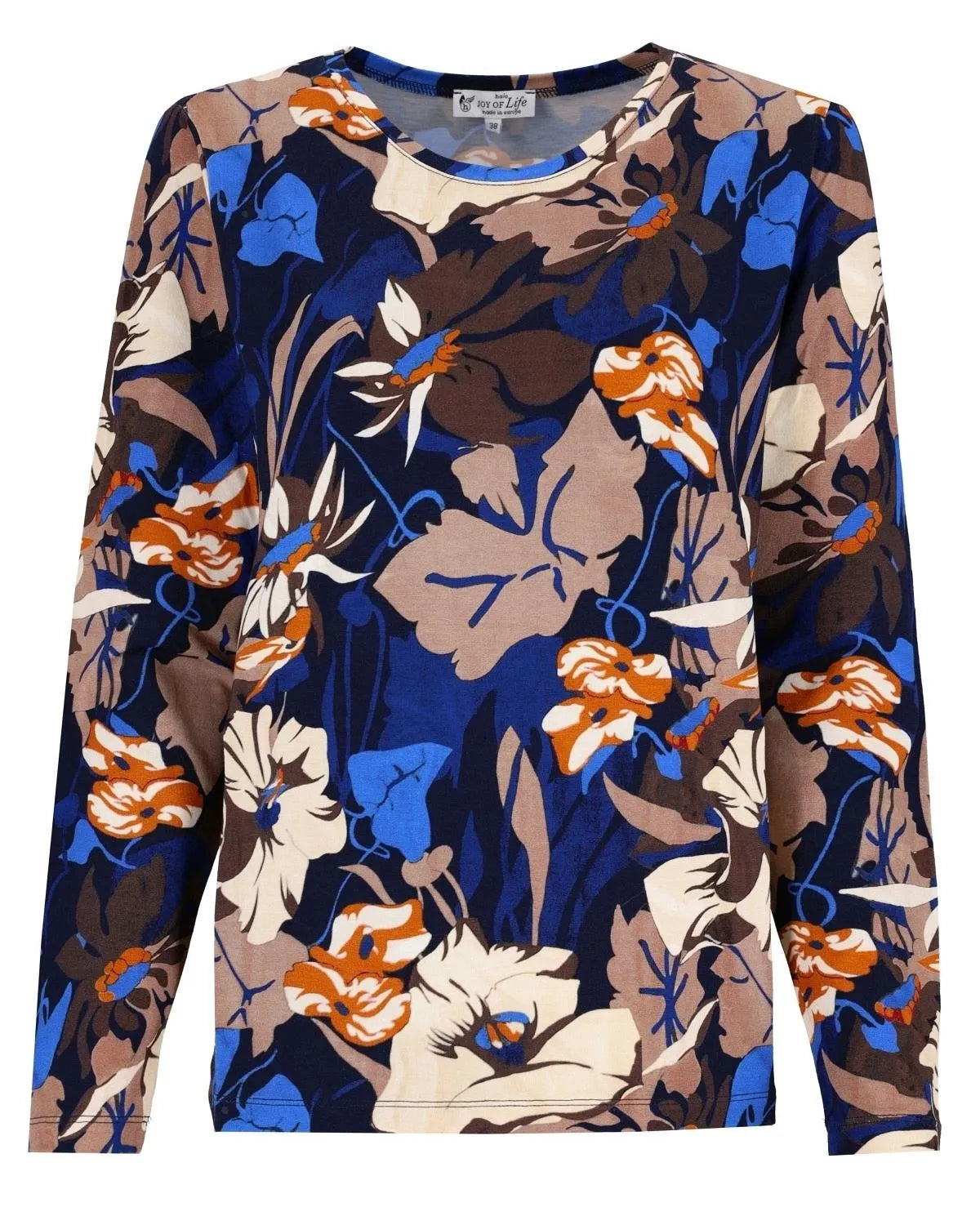 Langärmeliges Top mit Blumendruck in Blau- und Brauntönen aus weichem Jersey-Material.