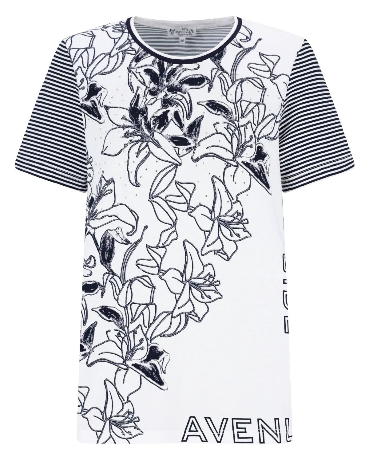 Weißes T-Shirt mit Blumendruck und schwarz-grau gestreiften Ärmeln, Logo ’avenue’.