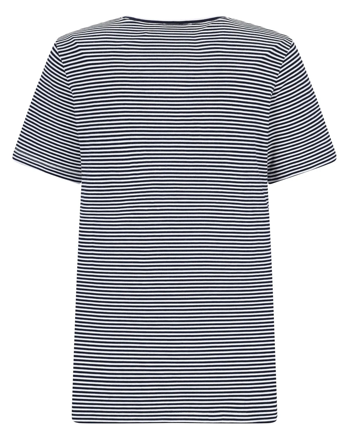 Gestreiftes T-Shirt mit kurzen Ärmeln und Rundhalsausschnitt, mit marineblauen Streifen auf Weiß.