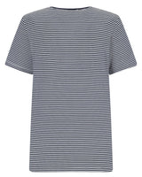 Gestreiftes T-Shirt mit kurzen Ärmeln und Rundhalsausschnitt, mit marineblauen Streifen auf Weiß.