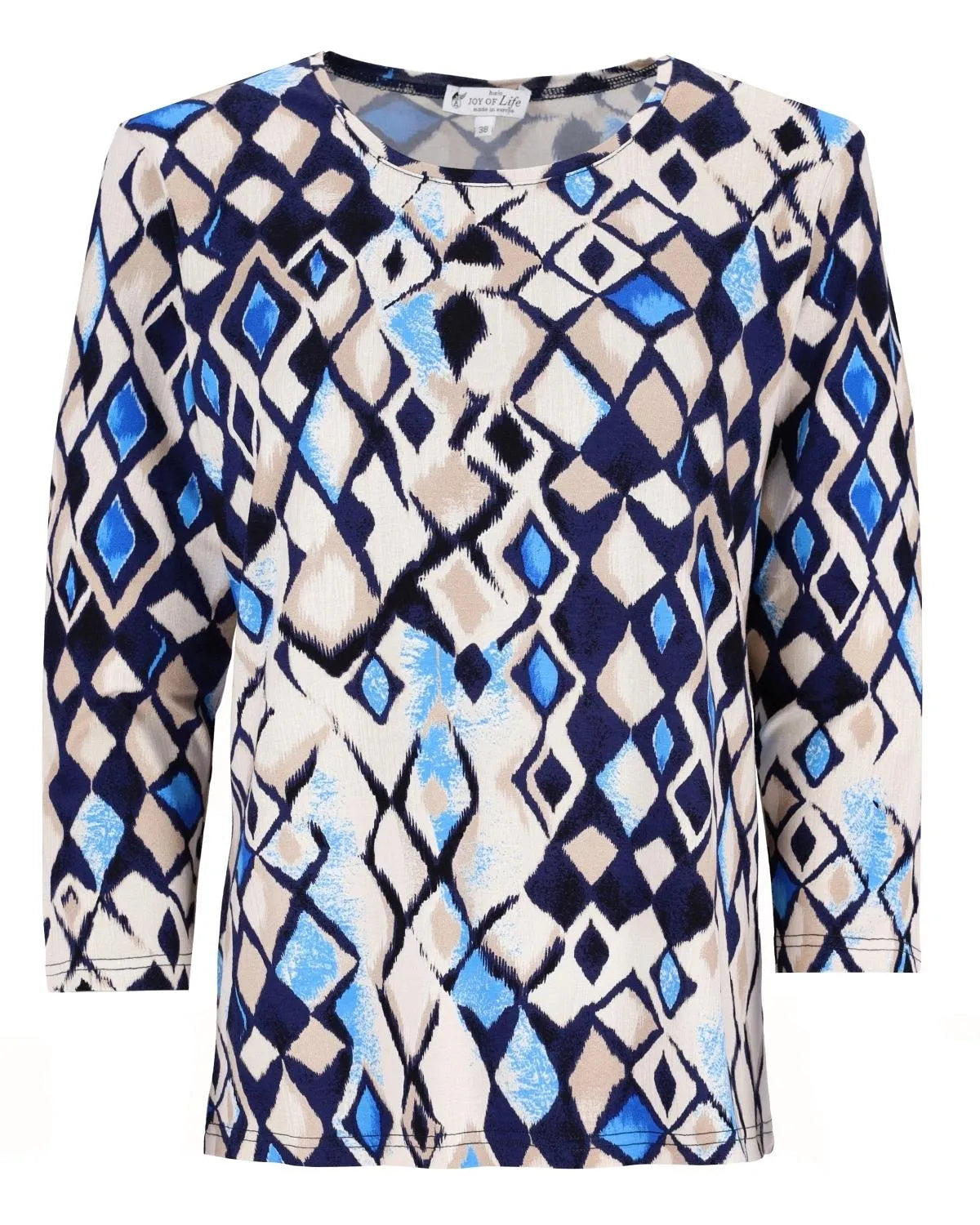 Blaue und weiße geometrisch gemusterte Bluse mit Dreiviertel-Ärmeln.