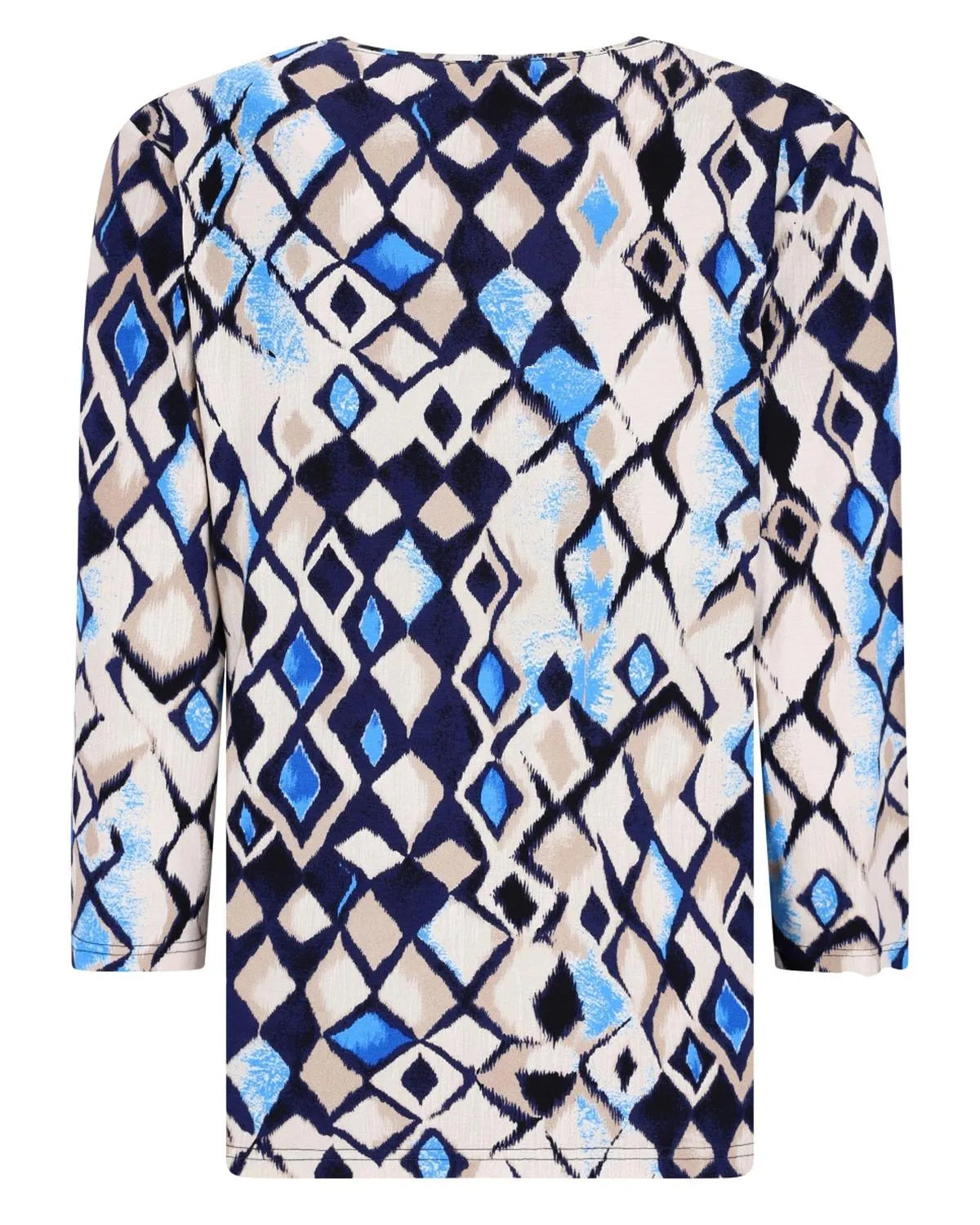 Blau-weißer, geometrisch gemusterter Pullover mit Dreiviertel-Ärmeln.