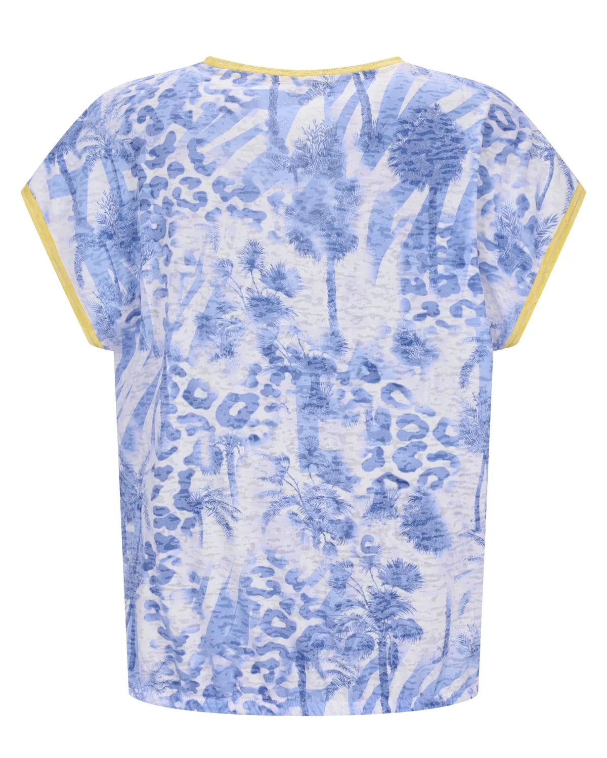 Blau-weiße Bluse mit tropischem Muster und gelber Borte