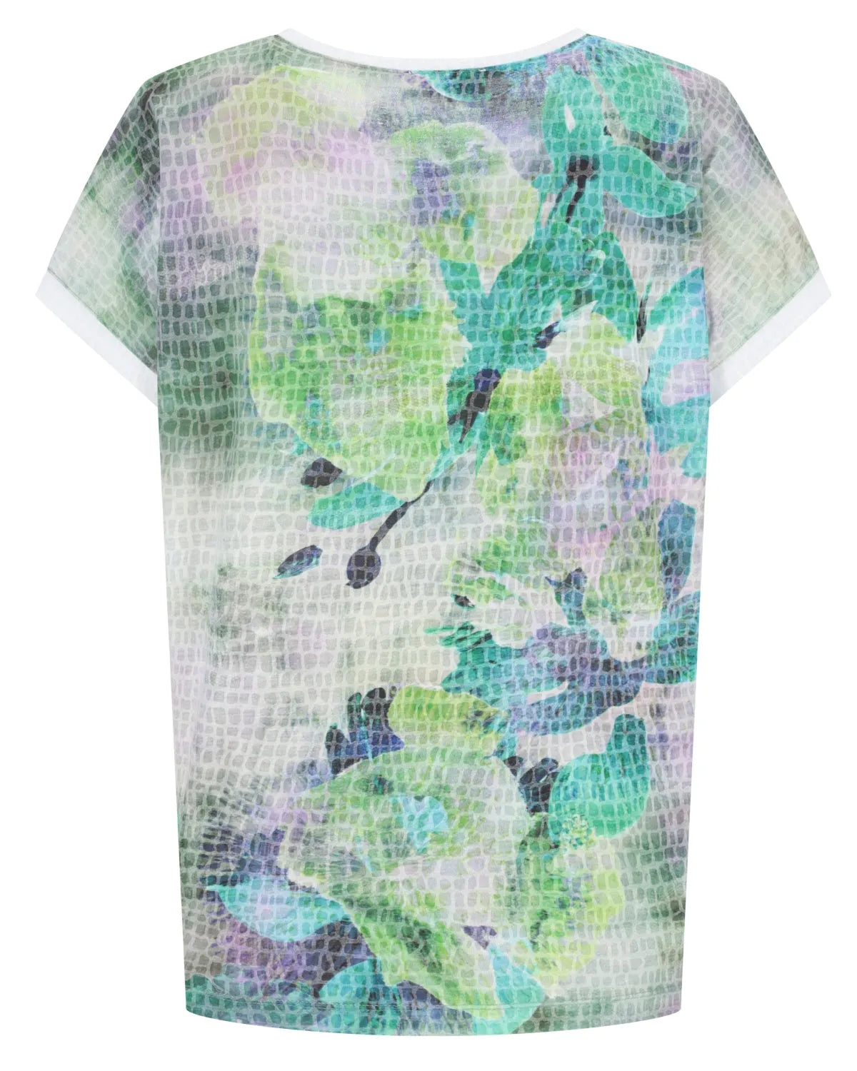 Florales Mesh-Top mit kurzen Ärmeln und Rundhalsausschnitt, mit Aquarellmuster in Grün- und Blautönen auf durchsichtigem Stoff.