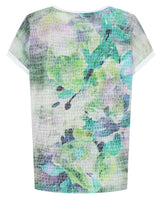 Florales Mesh-Top mit kurzen Ärmeln und Rundhalsausschnitt, mit Aquarellmuster in Grün- und Blautönen auf durchsichtigem Stoff.