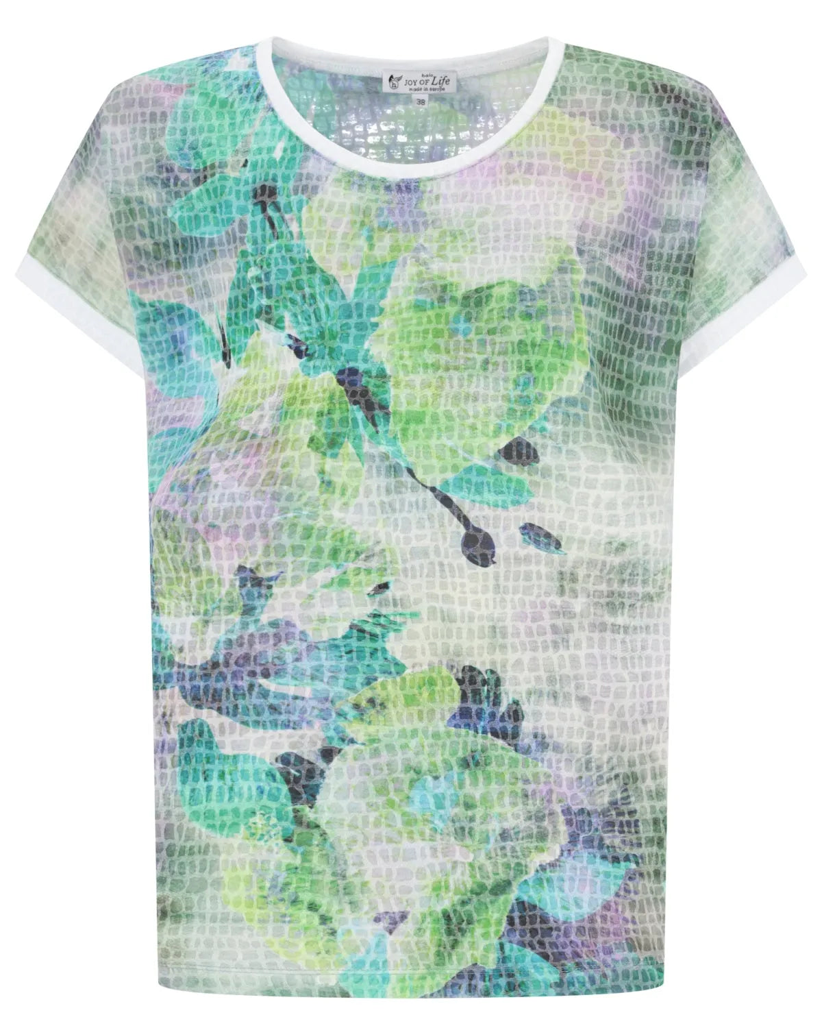 T-Shirt aus geblümtem Netzstoff in Grün- und Lila-Tönen, kurze Ärmel, weißer Saum am Ausschnitt.
