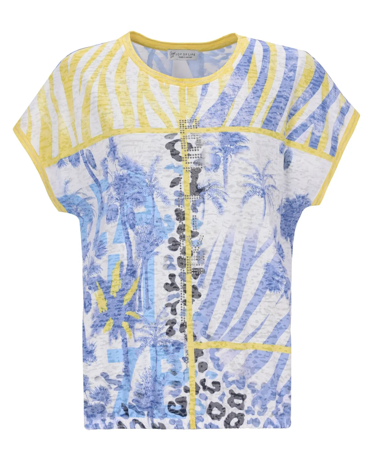 Gelbes und blaues T-Shirt mit Palmenmotiv und Zebrastreifen-Akzenten.