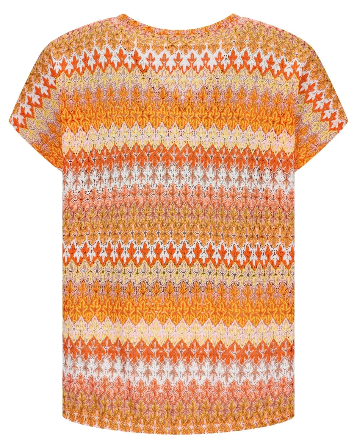 Orange-weiß gestreiftes, kurzärmeliges Strick-Top.