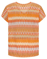 Orange-weiß gestreiftes, kurzärmeliges Strick-Top.