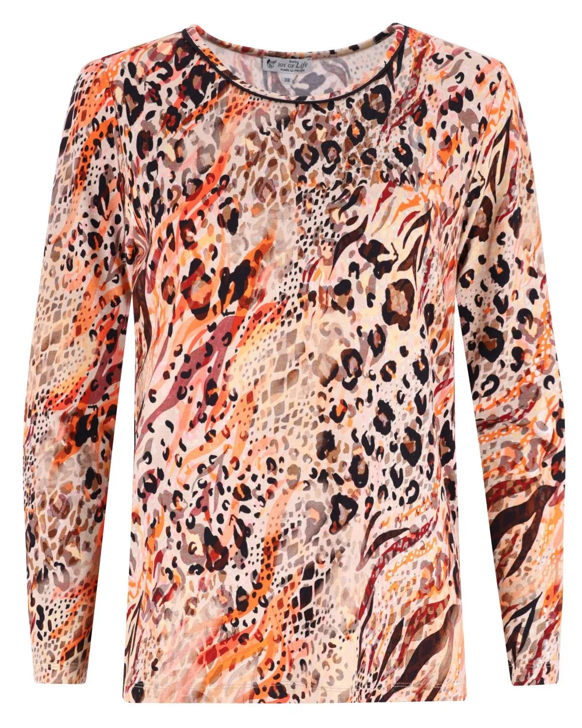 Langärmeliges Oberteil mit Leopardenmuster und einer Mischung aus Orange, Braun und Beige.