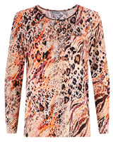 Langärmeliges Oberteil mit Leopardenmuster und einer Mischung aus Orange, Braun und Beige.