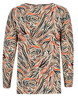 Bluse mit Zebramuster, langen Ärmeln und V-Ausschnitt.