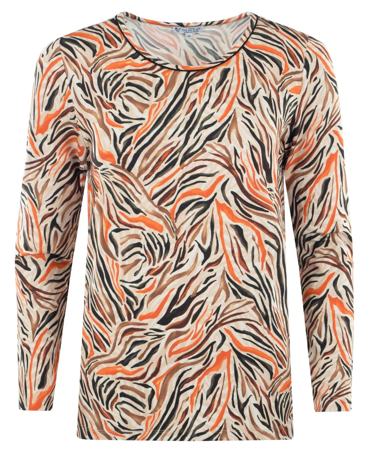 Orange-schwarzes Langarmshirt mit Tigerprint und Rundhalsausschnitt.