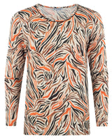 Orange-schwarzes Langarmshirt mit Tigerprint und Rundhalsausschnitt.