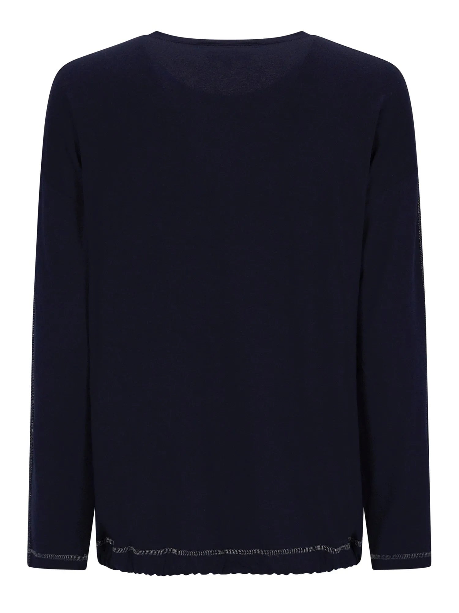 Marineblaue langärmelige Bluse mit gerafftem Saum und Kontrastnaht.