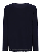 Marineblaue langärmelige Bluse mit gerafftem Saum und Kontrastnaht.