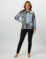 Shirt Blouson Style mit langem Arm, abstraktem Blau-Schwarz-Print und Leopardmuster