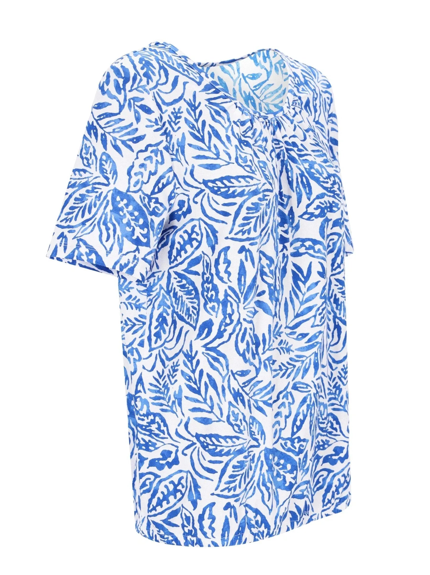 Weiße Bluse Shirt Blousonform 1/2 Arm mit blauem Blattmuster, kurzarm