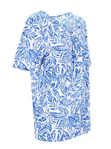 Weiße Bluse Shirt Blousonform 1/2 Arm mit blauem Blattmuster, kurzarm