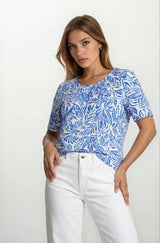 Shirt Blousonform 1/2 Arm in Blau-Weiß Blattmuster, Vorderseite