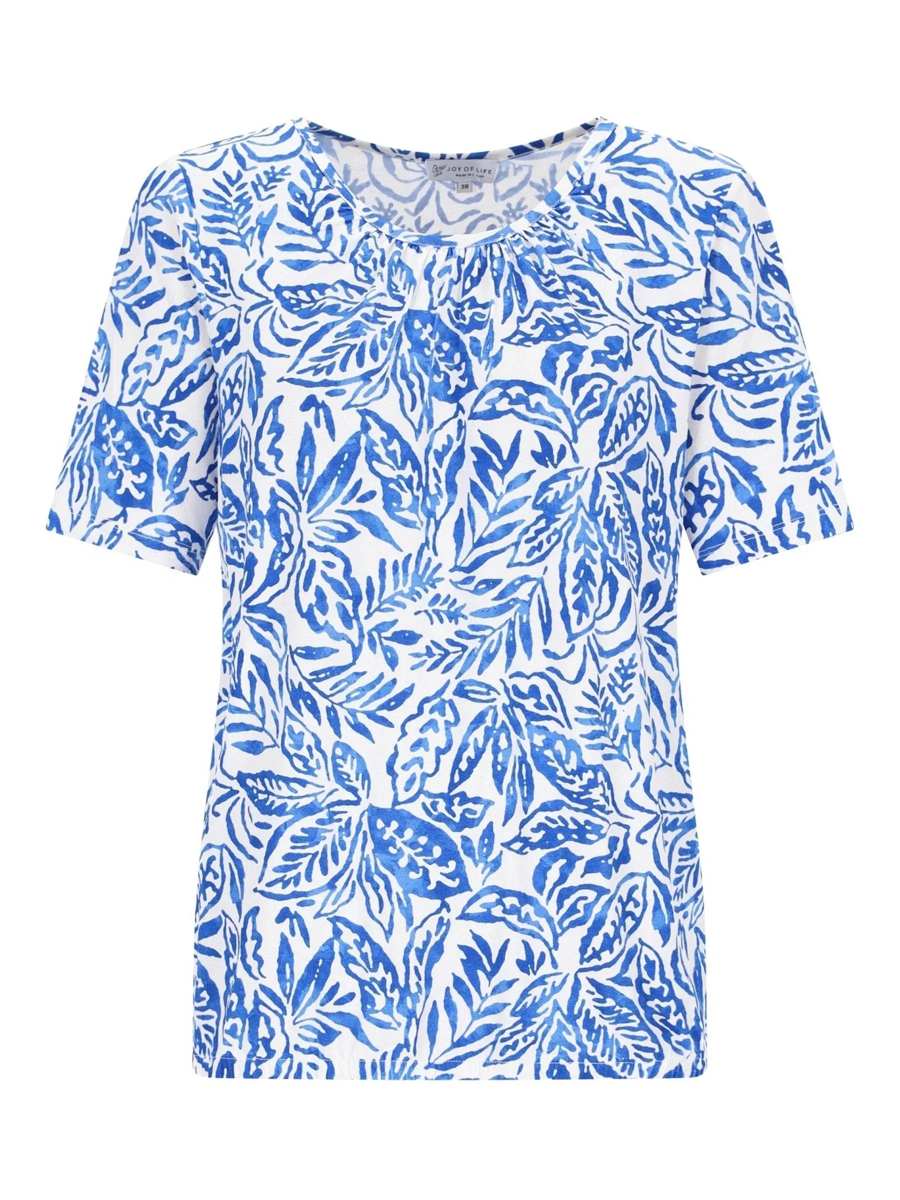 Shirt Blousonform 1/2 Arm in Blau-Weiß Blattmuster, Vorderseite