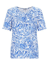 Shirt Blousonform 1/2 Arm in Blau-Weiß Blattmuster, Vorderseite
