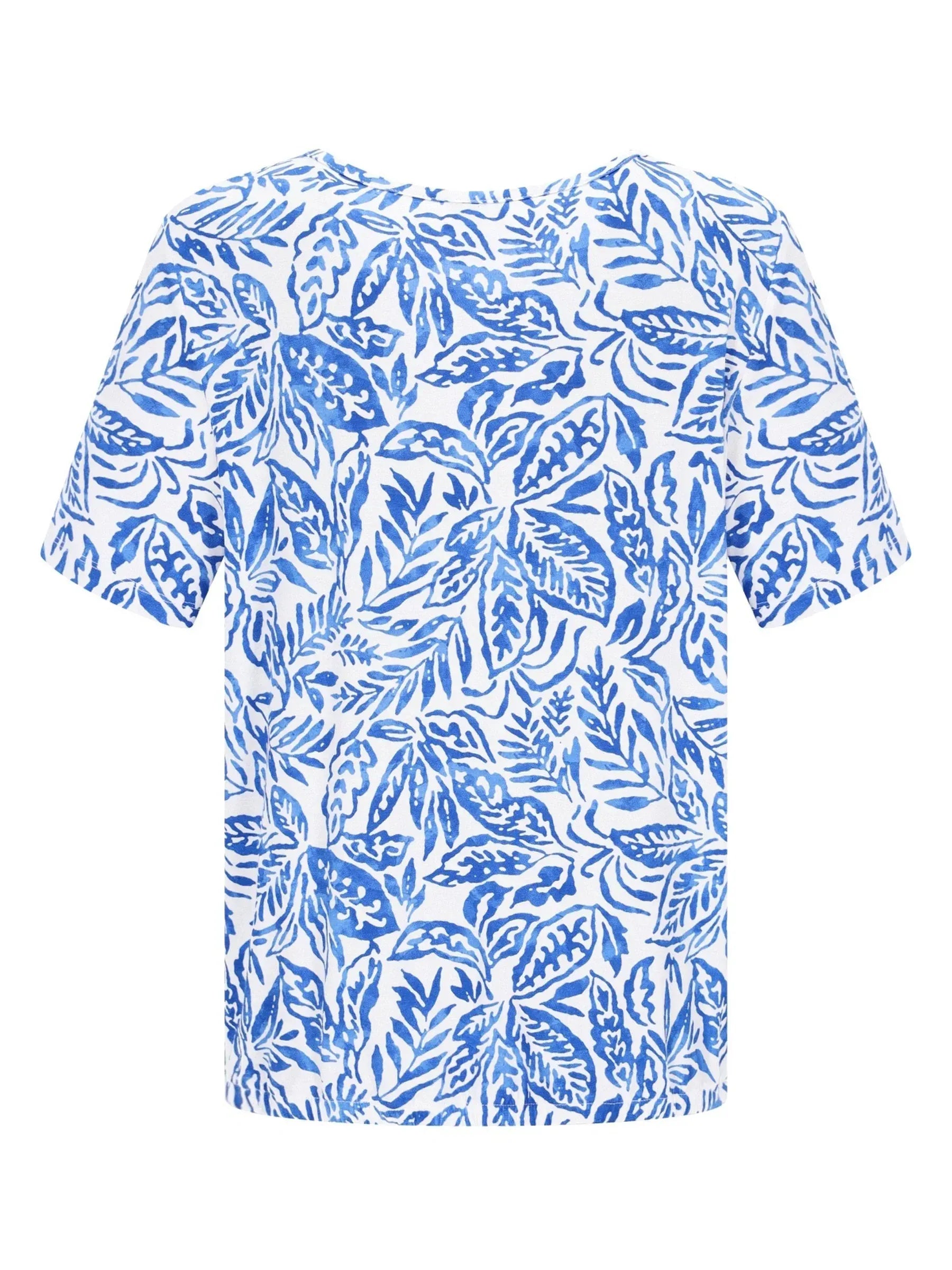 Shirt Blousonform 1/2 Arm in blau-weißem Blattmuster, Vorderseite