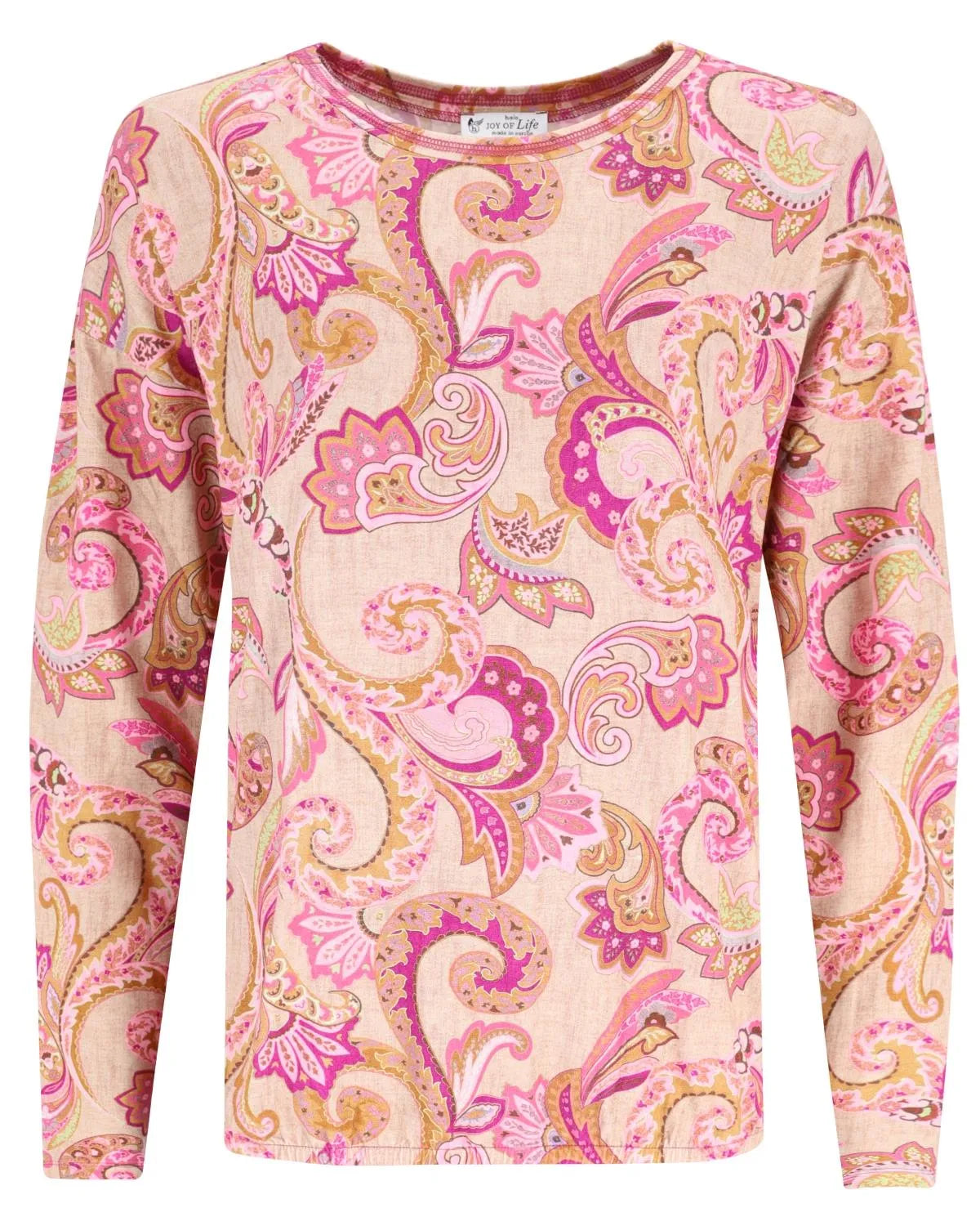 Langärmeliges Top mit Paisleymuster in Rosa und Gold.
