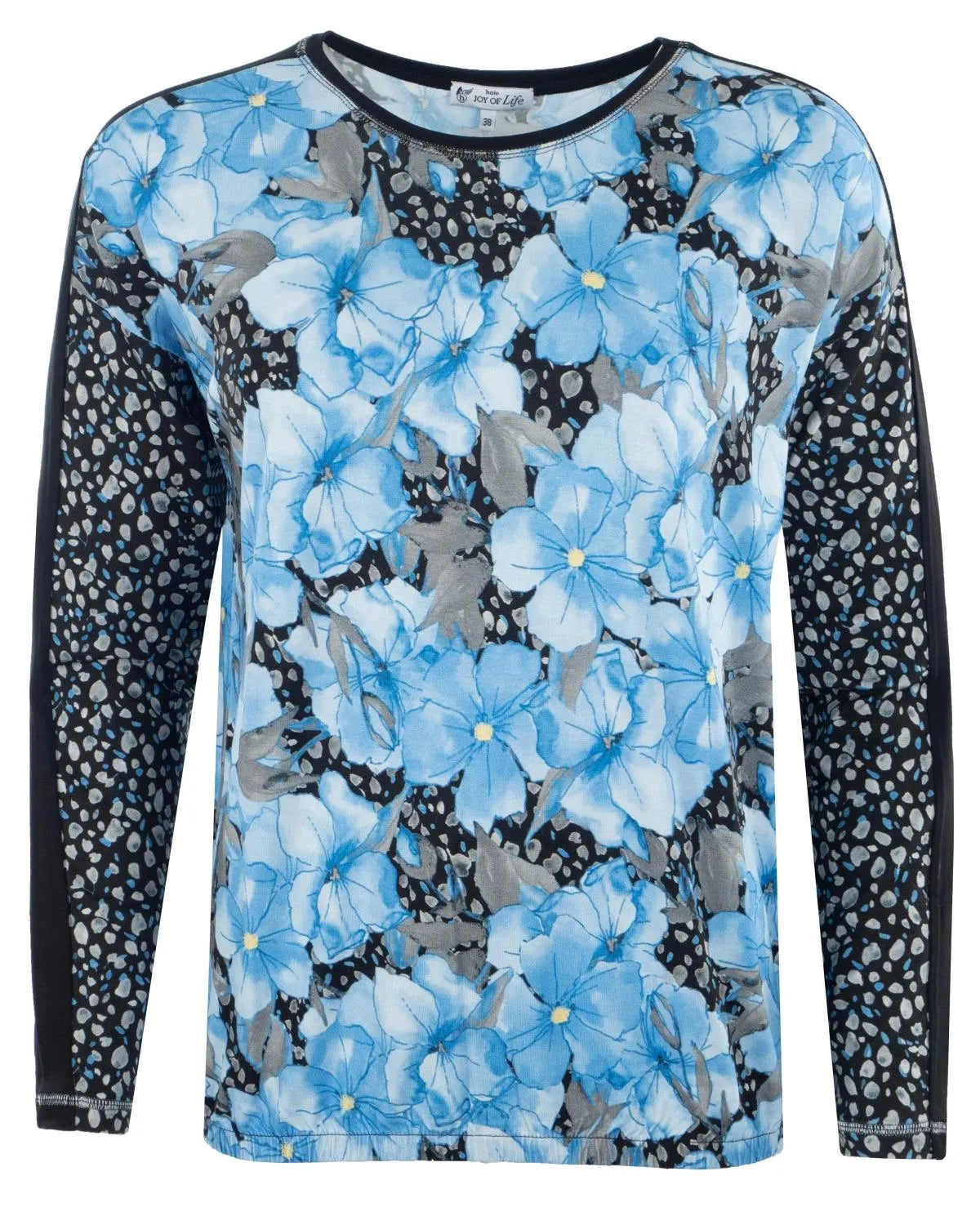 Blaues, geblümtes Mesh-Top mit schwarz-weißen Ärmeln mit Tierprint.