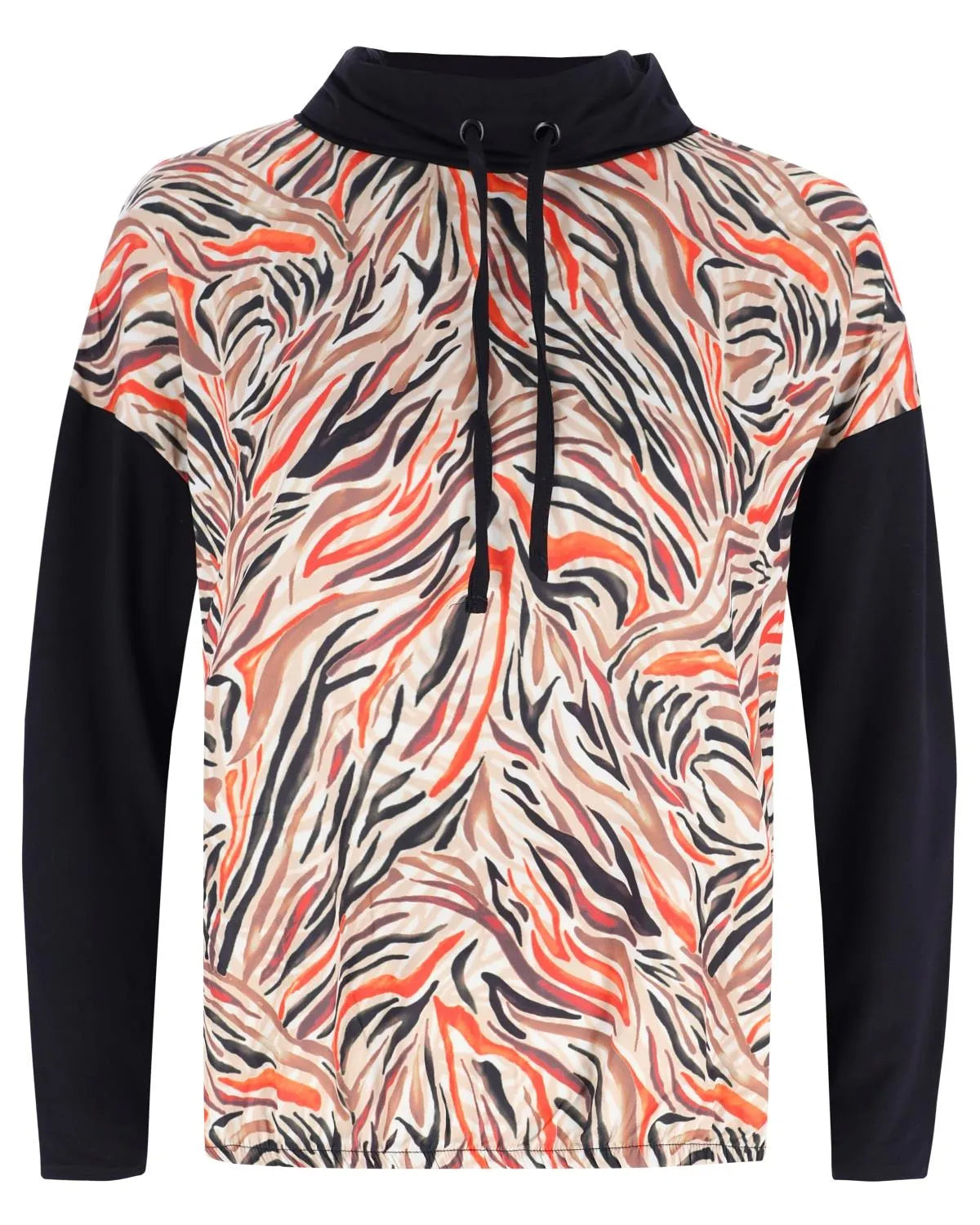 Kapuzenpulli mit Tigerprint, schwarzen Ärmeln und Kapuze.