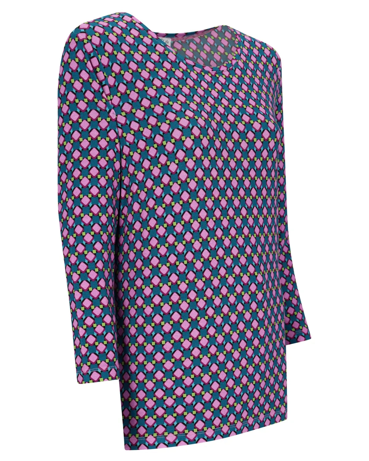 Lila und rosa geometrisch gemusterte Bluse mit langen Ärmeln.