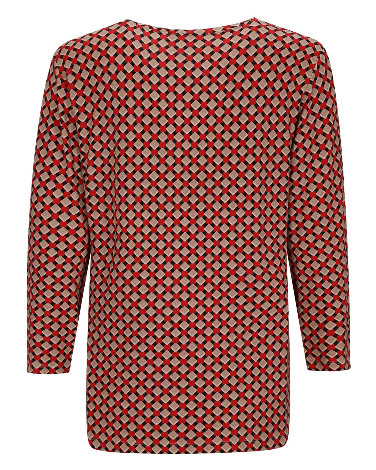 Rote und schwarze geometrisch gemusterte Bluse mit langen Ärmeln.