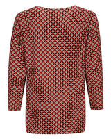 Rote und schwarze geometrisch gemusterte Bluse mit langen Ärmeln.