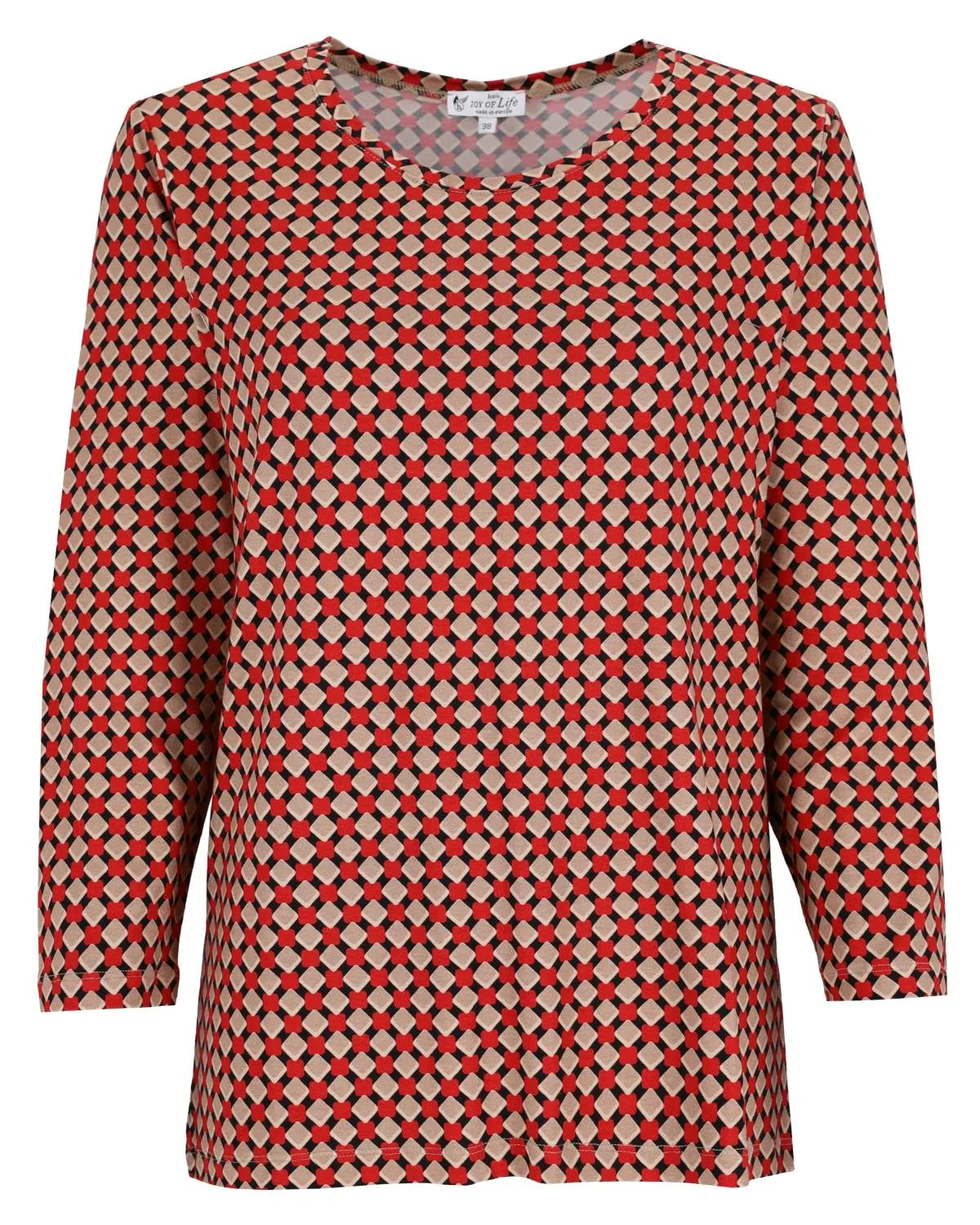 Rote und beigefarbene Bluse mit geometrischem Muster und langen Ärmeln.