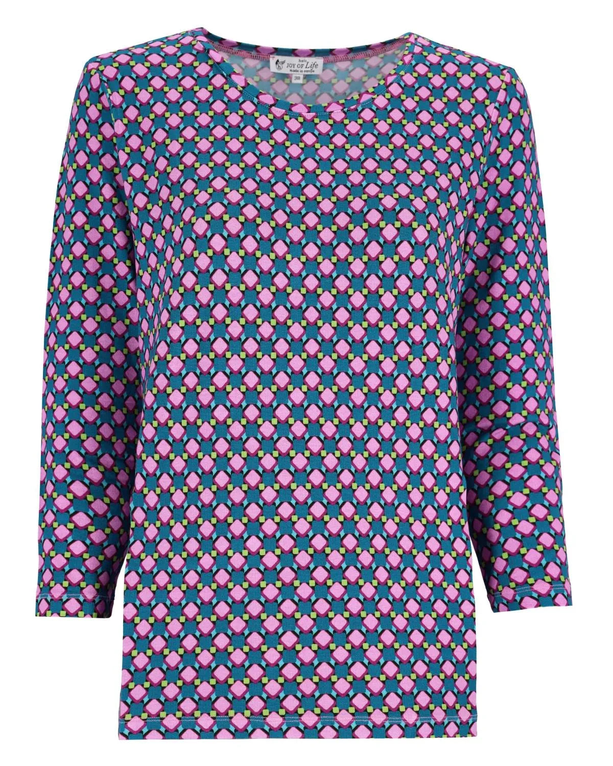 Lila und rosa geometrisch gemusterte Bluse mit Dreiviertel-Ärmeln.