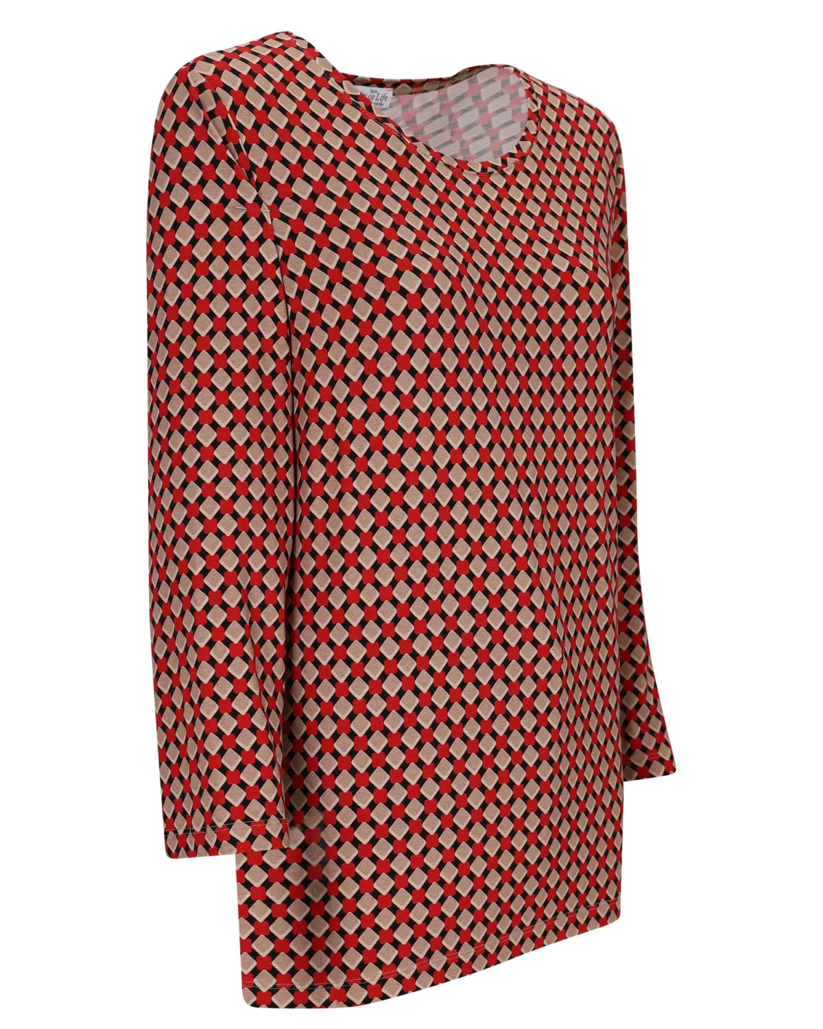 Rot und beigefarbenes, geometrisch gemustertes Tunika-Top mit langen Ärmeln.