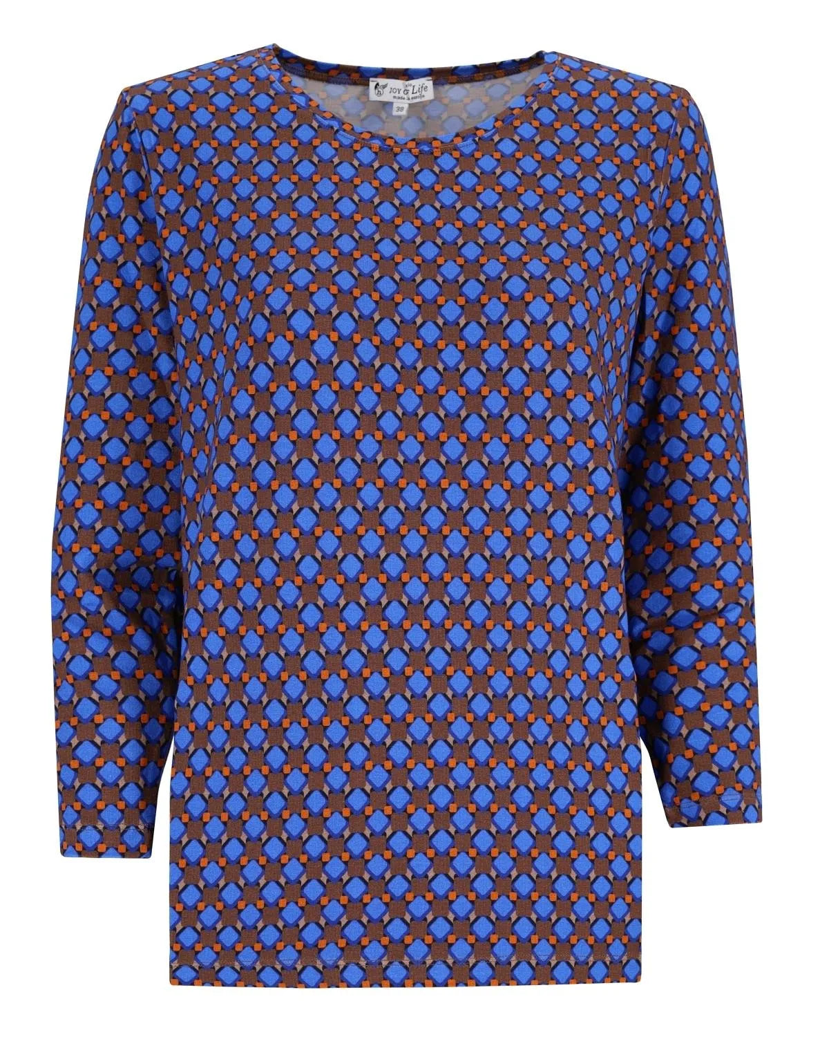 Blau und braun gemusterte Bluse mit langen Ärmeln.